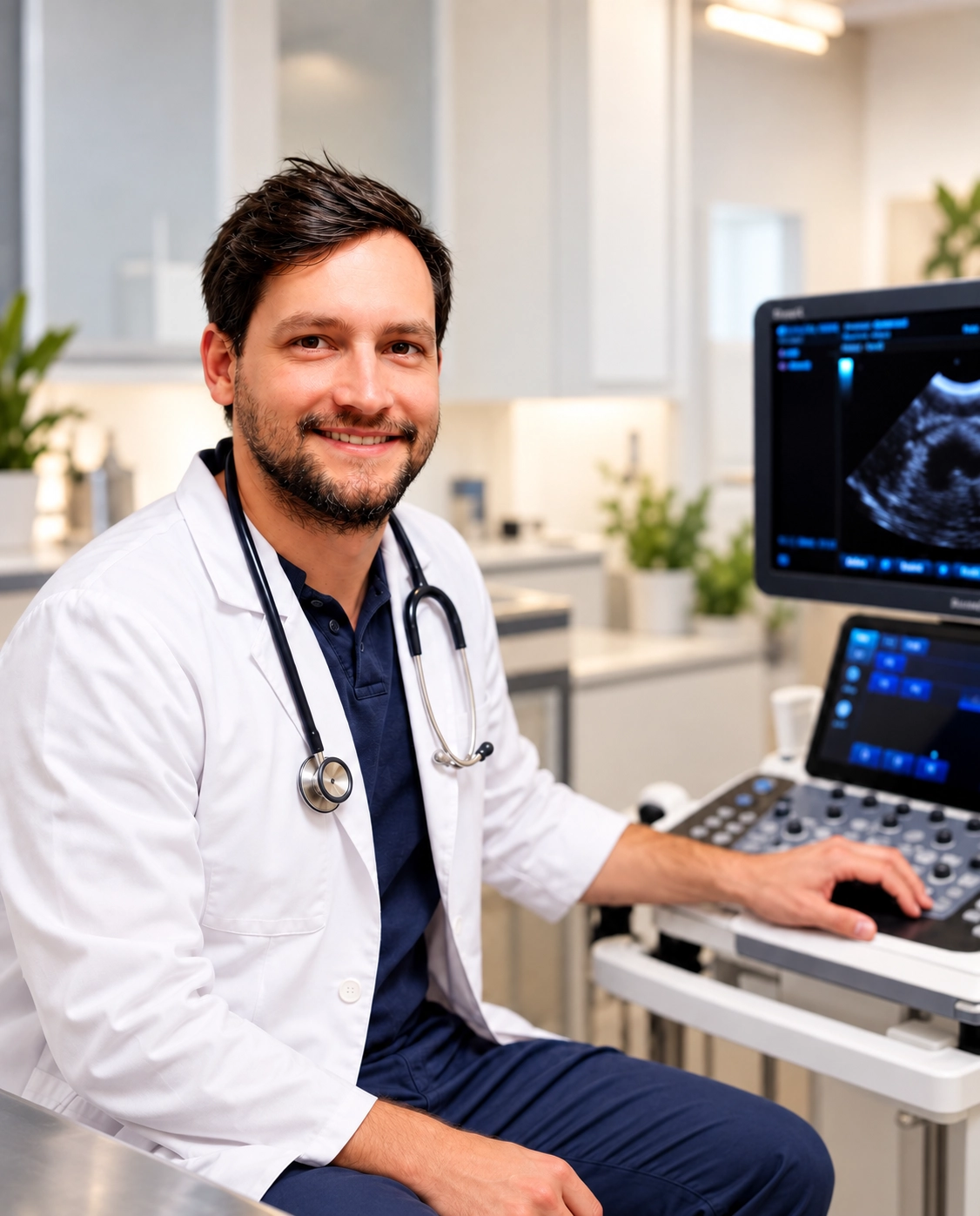 Dr. Boros Márton ultrahang specialista az ultrahangkészüléknél a Wladár Kisállat Rendelőben, Óbudán